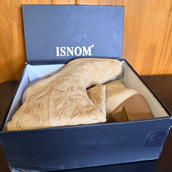 ISNOM Sz 10 Women Tan Faux Suede Western Cowboy Boots Embroidered NIB - Picture 9 of 9